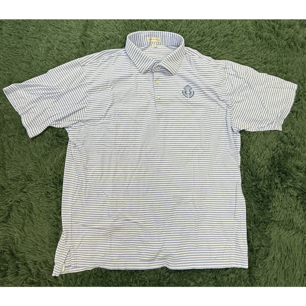 Peter Millar Men's XXL Blue White Stripe Polo Shirt OAKS Embroidered 100% Cotton